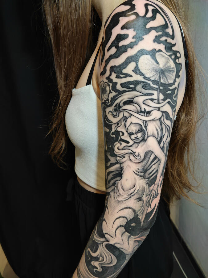 Dark Mermaid Dark mermaid themed full sleeve. Blackwork with a fairytale aesthetic scenery. Tattoo by VampyCrafts in Cologne