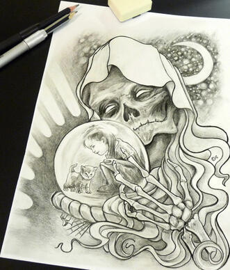 Death watching over a child in awe of the experience of life.
